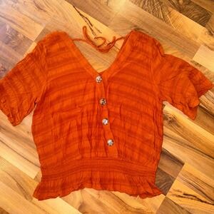 Maurices XL‎ Orange Textured Button Front Smocked Peplum Blouse Top Women's fall